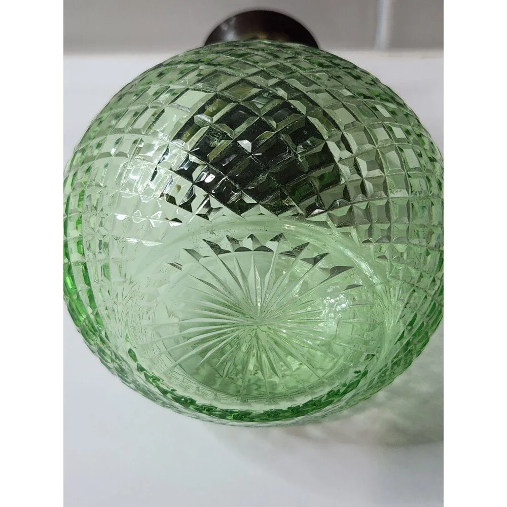 Vintage Small Green Decanter Cologne Bottle with Stopper Metal Collar Cut Glass